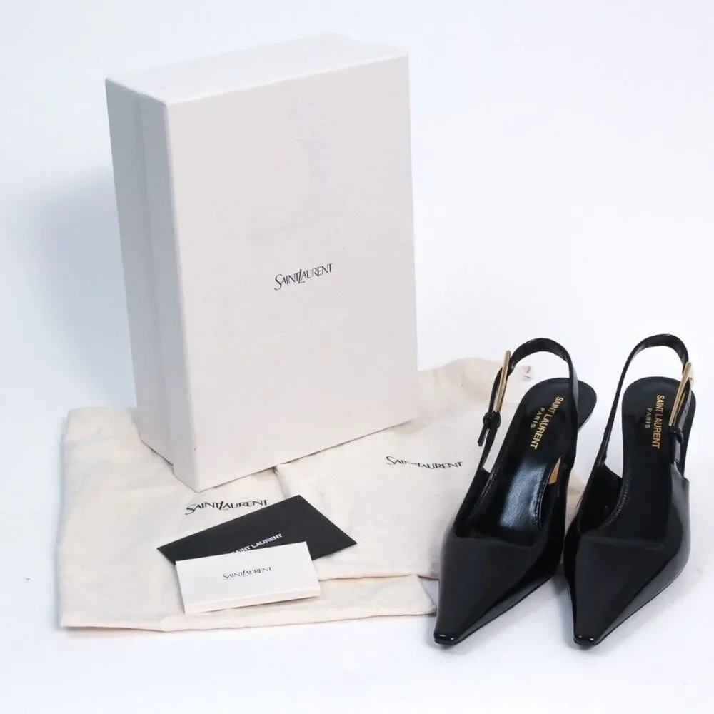 Saint Laurent YSL Lee Slingback Pumps Black Leather Gold Heel Shoes 39.5 NIB